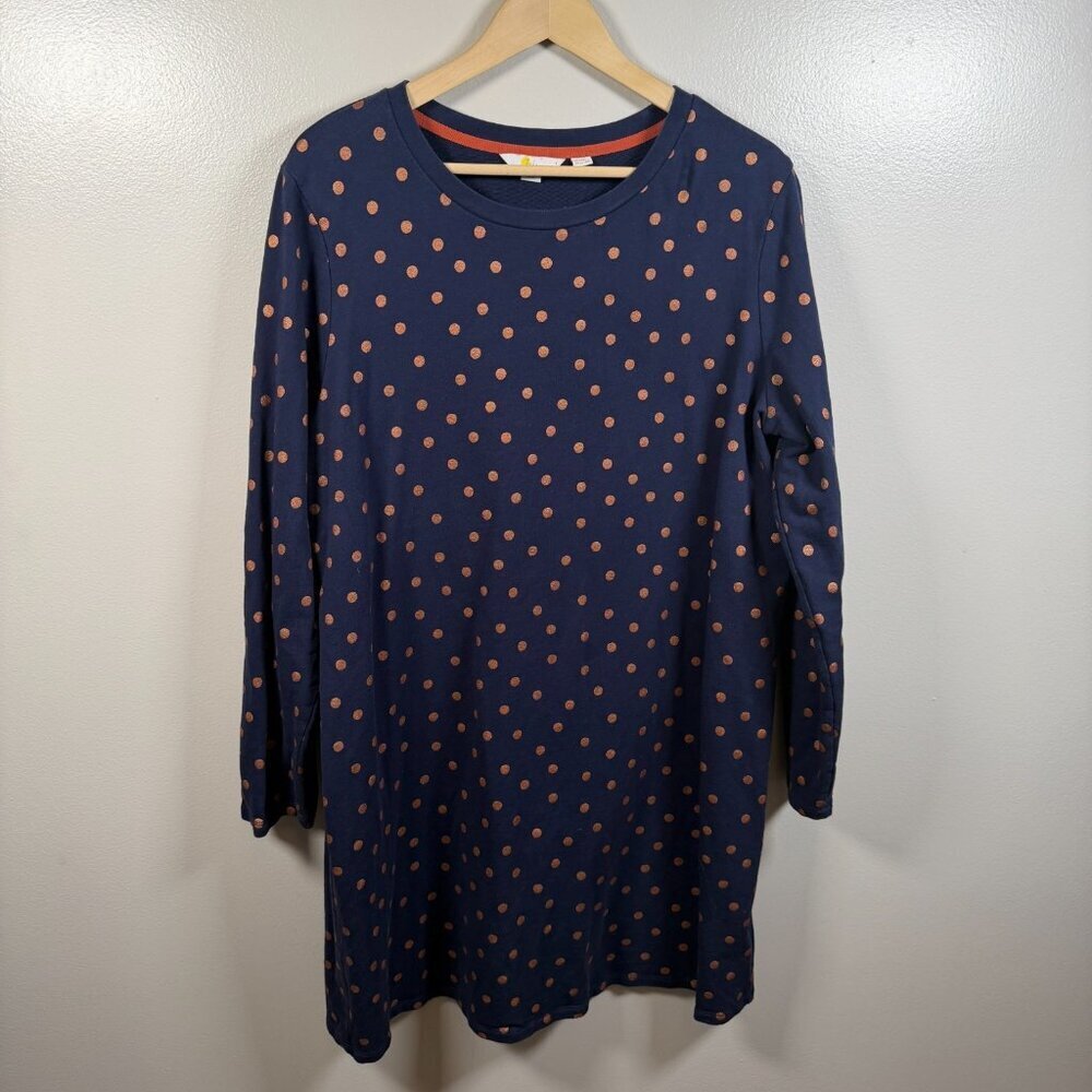 Boden Metalic Polka Dot Sweatshirt Dress Size 16/18 Navy Blue Preppy Casual